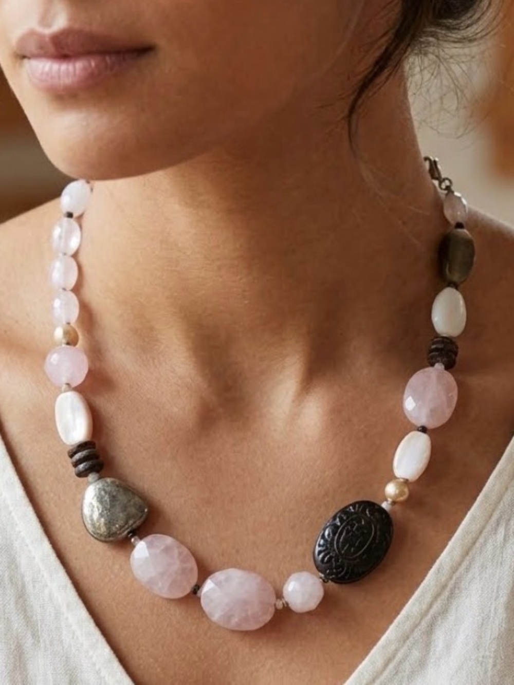 Silpada 925 Sterling Silver Pink Rose Quartz Palm Wood Silk Necklace N1819